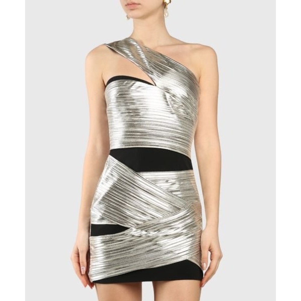 David‎ Koma Metallic One Shoulder Mini Dress Silver NWT Size 14 Large